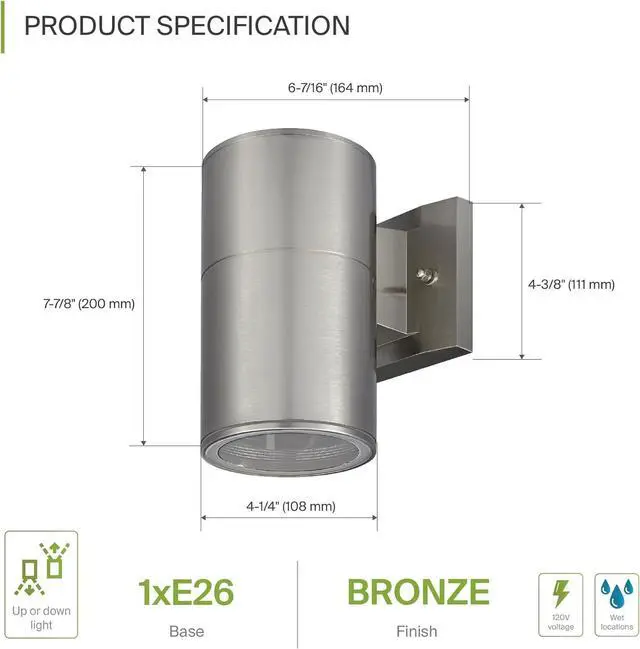 Alt view image 2 of 7 - ASD 1 Light Outdoor Wall Light Fixture | 60W E26 Socket 120V ETL Cylinder Up Down Lights | LED/CFL/Incandescent Bulb Exterior Wall Sconce | Front Door, Porch, Patio Lighting | Steel