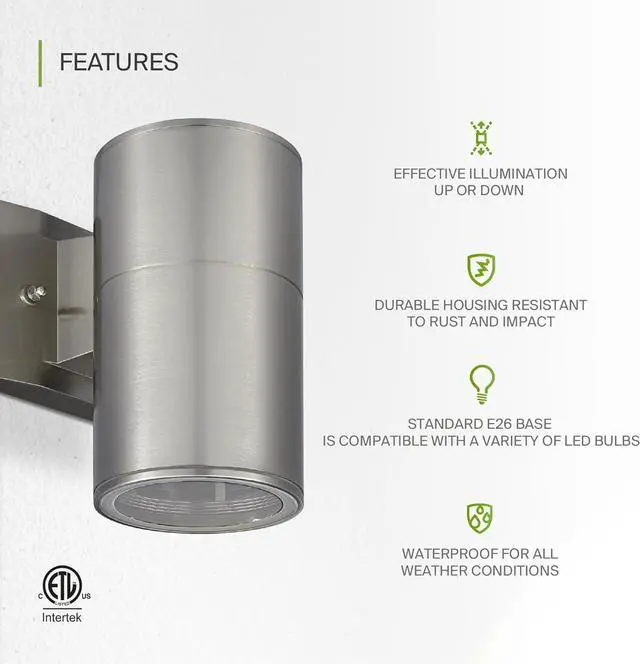 Alt view image 3 of 7 - ASD 1 Light Outdoor Wall Light Fixture | 60W E26 Socket 120V ETL Cylinder Up Down Lights | LED/CFL/Incandescent Bulb Exterior Wall Sconce | Front Door, Porch, Patio Lighting | Steel
