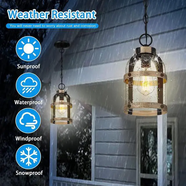 Alt view image 5 of 7 - Outdoor Pendant Light for Porch,Waterproof Modern Exterior Hanging Lantern with Adjustable Chain, in Black and Wood Grain Finish with Air Bubble Glass for Front Door,Entryway,Farmhouse