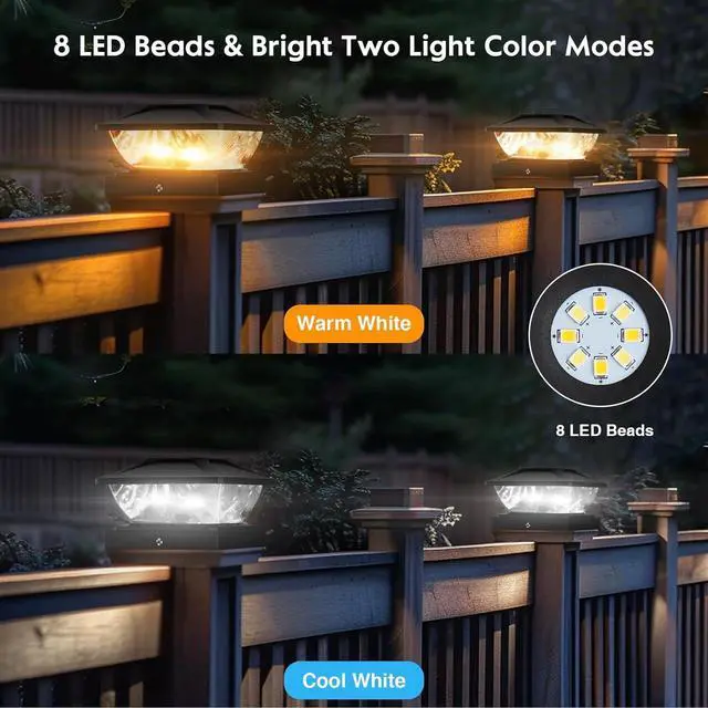Alt view image 4 of 7 - Solar Post Cap Lights Outdoor: 6 Pack 48 LED Fence Post Solar Lights - Solar Powered 2 Lighting Modes 4x4 Post Solar Lights for Deck Porch Patio Garden Decor - Fit 3.5x3.5 5x5 Vinyl Wooden Lamp Post
