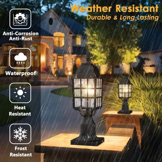 Alt view image 4 of 7 - 2-Pack Dusk to Dawn Outdoor Post Light, Exterior Lamp Post Light Fixture with Pier Mount Base, Exterior Pole Lantern Light, Black with Water Ripple Glass