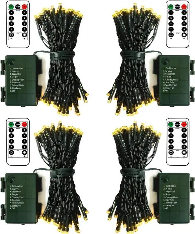 Main image of ZAIYW Battery Operated String Lights 4 Pack 16.5Ft 50LED String Lights with Remote Control 8 Modes Timer Christmas Lights Green Wire for Outdoor Garden Party Garlands Xmas Tree Decor (Warm White)