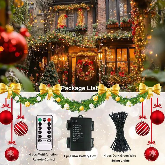 Alt view image 7 of 7 - ZAIYW Battery Operated String Lights 4 Pack 16.5Ft 50LED String Lights with Remote Control 8 Modes Timer Christmas Lights Green Wire for Outdoor Garden Party Garlands Xmas Tree Decor (Warm White)