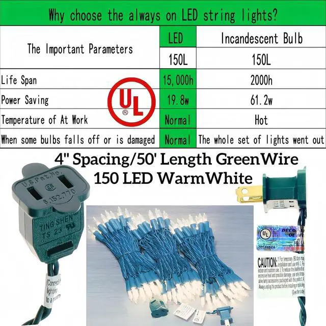 Alt view image 4 of 7 - 150 LED Warm White Christmas Lights, UL Certified 22# Green Wire 50 Ft, Commercial Grade Decorative Lighting String, for Indoor and Outdoor Use.