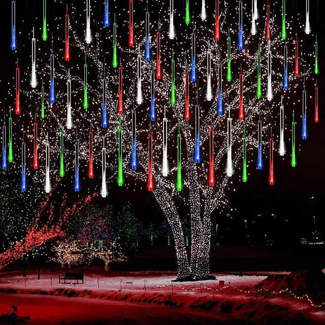 Main image of Kwaiffeo Icicle Meteor Shower Lights - 12 Inch 8 Tube Cascading Lights for Xmas Tree Decor, Wedding Party, Outdoor Decorations, Multi Colored, UL Plug