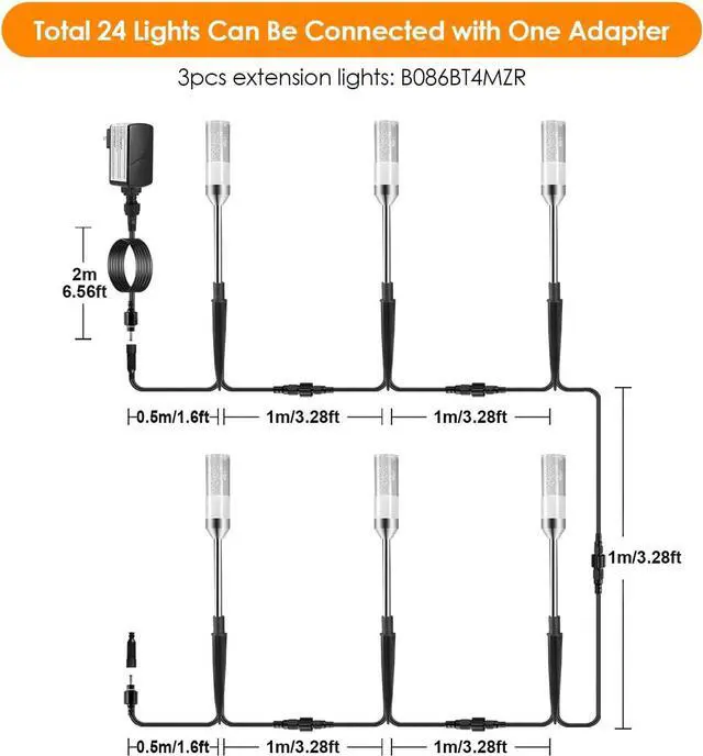 Alt view image 6 of 7 - B-right LED Pathway Lights Outdoor, 6 Pcs Path Lights 570 Lumens AC Plug 12V Low Voltage Landscape Lighting, Extendable IP65 Waterproof Outdoor Garden Light for Patio Yard Walkway, Warm White 2700K