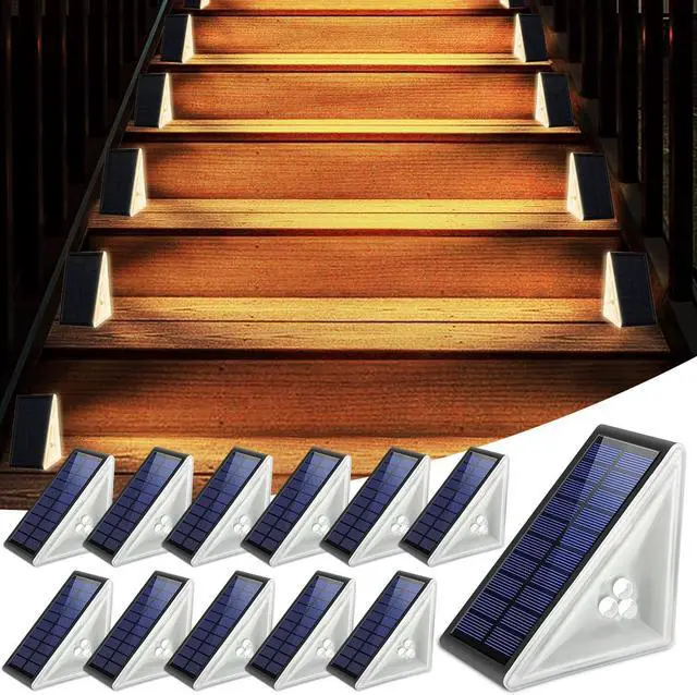 Main image of Solar Step Lights Outdoor Waterproof IP67, 12 Pack Solar Powered Stair Light with 3 LEDs, Triangle Solar Deck Light for Outside Garden Patio Yard Porch Front Door, Warm White