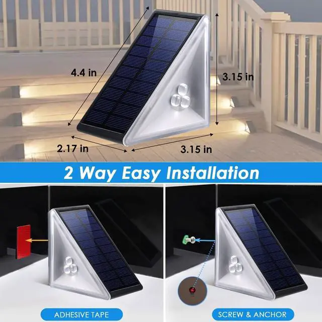 Alt view image 6 of 6 - Solar Step Lights Outdoor Waterproof IP67, 12 Pack Solar Powered Stair Light with 3 LEDs, Triangle Solar Deck Light for Outside Garden Patio Yard Porch Front Door, Warm White