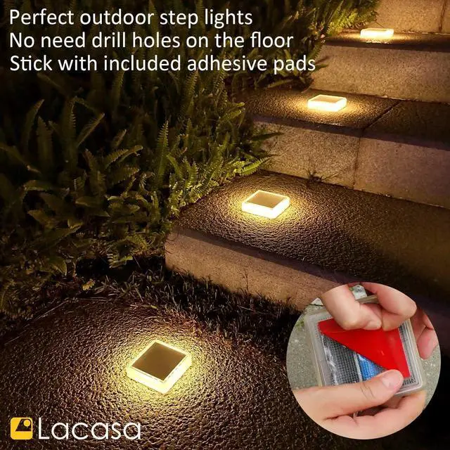 Alt view image 3 of 7 - Lacasa Solar Deck Lights, 4 Pack 30LM LED Dock Lights Warm White 2700K, Outdoor Solar Powered Step Lights Light up All Night IP68 Waterproof Auto ON/Off for Garden Stairs Driveway Pathway Lighting