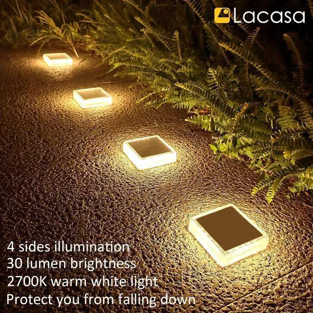 Alt view image 5 of 7 - Lacasa Solar Deck Lights, 4 Pack 30LM LED Dock Lights Warm White 2700K, Outdoor Solar Powered Step Lights Light up All Night IP68 Waterproof Auto ON/Off for Garden Stairs Driveway Pathway Lighting