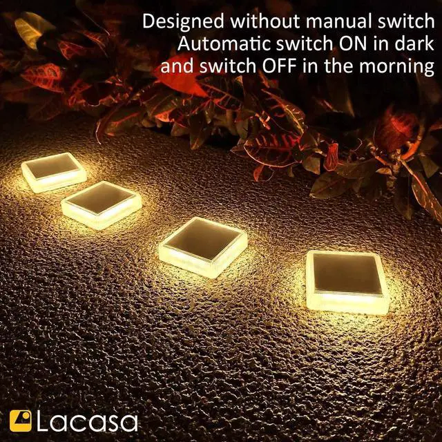 Alt view image 7 of 7 - Lacasa Solar Deck Lights, 4 Pack 30LM LED Dock Lights Warm White 2700K, Outdoor Solar Powered Step Lights Light up All Night IP68 Waterproof Auto ON/Off for Garden Stairs Driveway Pathway Lighting