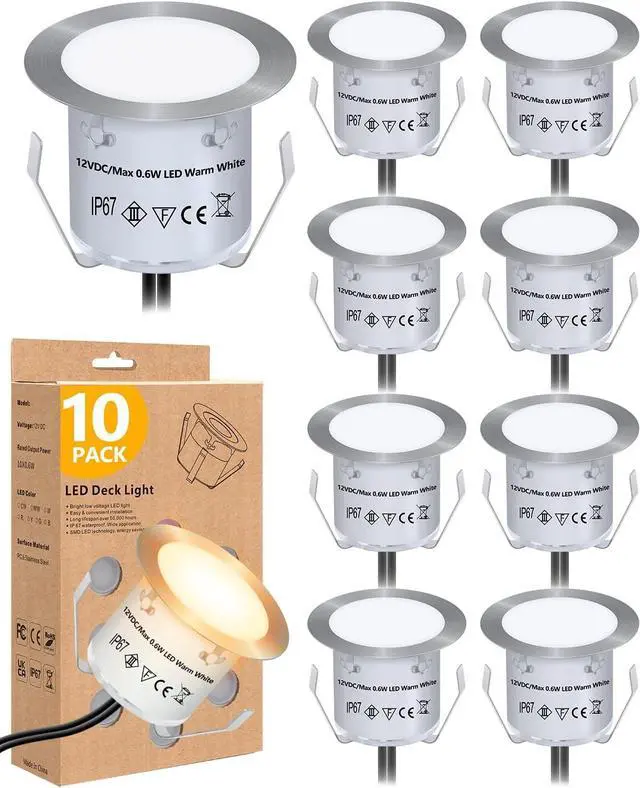 Main image of HIBOITEC Recessed LED Deck Light Kits(10 Pack), 12V Low Voltage Landscape Lighting IP67 Waterproof Outdoor Step Stair Lights Warm White Deck Lighting for Garden Yard Steps Stair Patio Floor Decoration