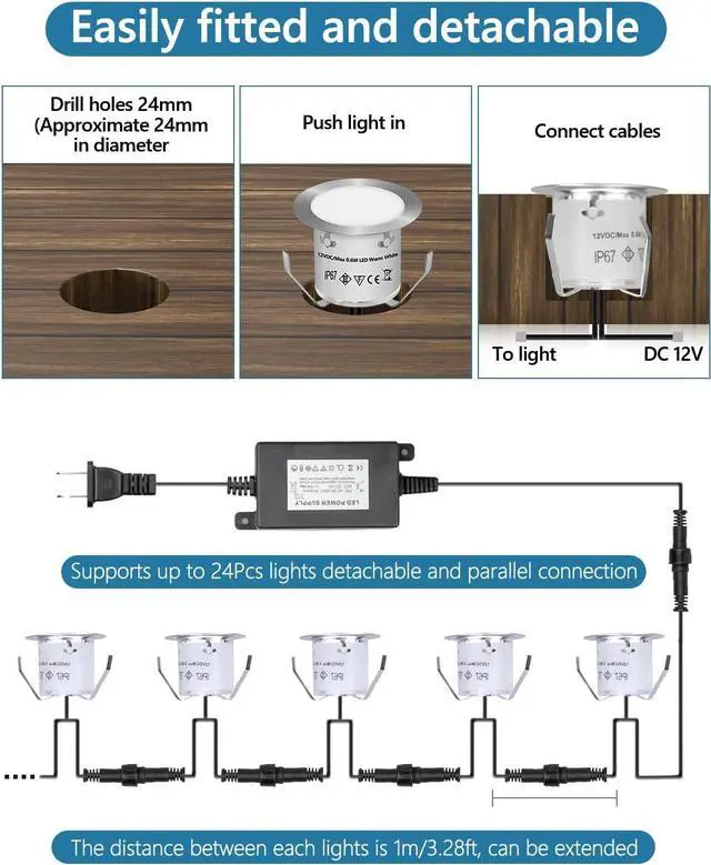 Alt view image 2 of 6 - HIBOITEC Recessed LED Deck Light Kits(10 Pack), 12V Low Voltage Landscape Lighting IP67 Waterproof Outdoor Step Stair Lights Warm White Deck Lighting for Garden Yard Steps Stair Patio Floor Decoration