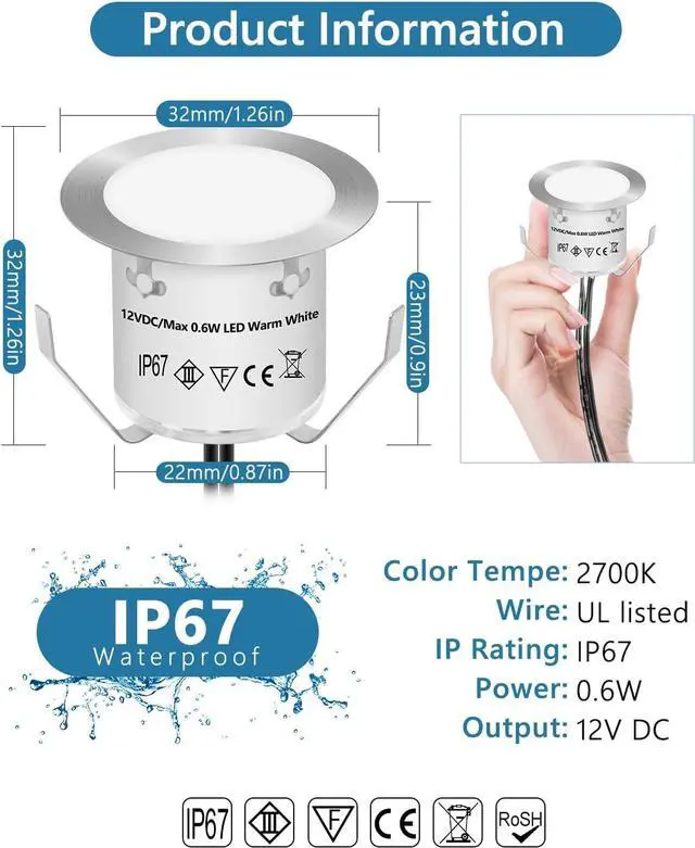 Alt view image 4 of 6 - HIBOITEC Recessed LED Deck Light Kits(10 Pack), 12V Low Voltage Landscape Lighting IP67 Waterproof Outdoor Step Stair Lights Warm White Deck Lighting for Garden Yard Steps Stair Patio Floor Decoration