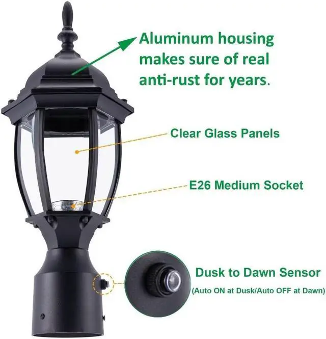 Alt view image 2 of 7 - LIT-PaTH Dusk to Dawn Outdoor Post Lighting Fixture Pole Lantern, E26 Medium Base Max 60W, Aluminum Housing Plus Glass, Bulb Not Included (Black, 1-Pack)