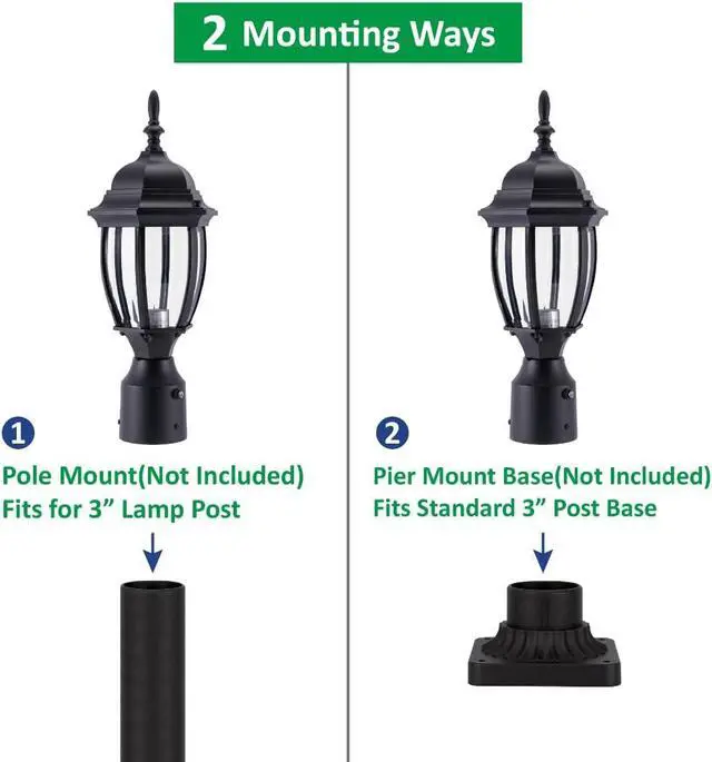 Alt view image 3 of 7 - LIT-PaTH Dusk to Dawn Outdoor Post Lighting Fixture Pole Lantern, E26 Medium Base Max 60W, Aluminum Housing Plus Glass, Bulb Not Included (Black, 1-Pack)