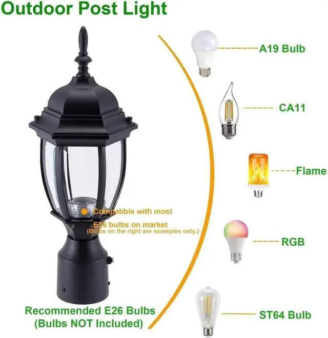 Alt view image 5 of 7 - LIT-PaTH Dusk to Dawn Outdoor Post Lighting Fixture Pole Lantern, E26 Medium Base Max 60W, Aluminum Housing Plus Glass, Bulb Not Included (Black, 1-Pack)