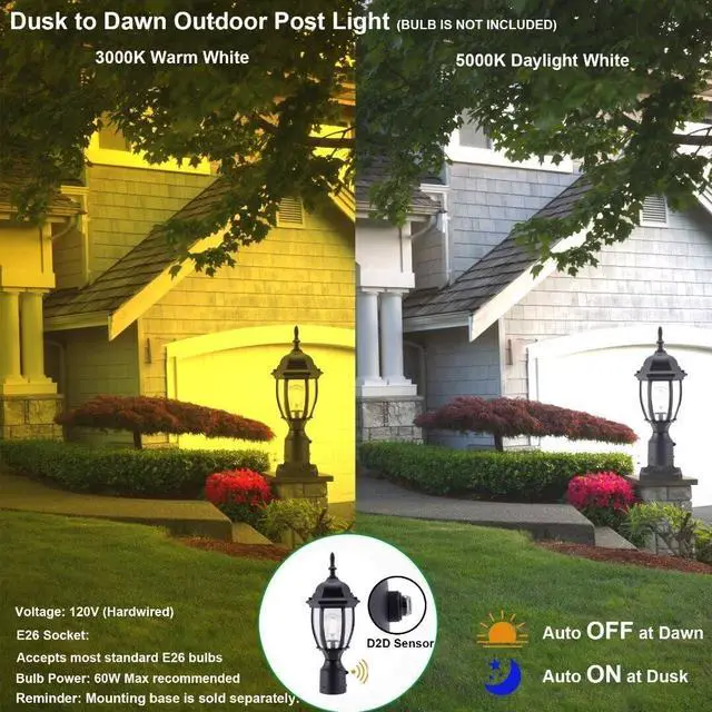 Alt view image 4 of 7 - LIT-PaTH Dusk to Dawn Outdoor Post Lighting Fixture Pole Lantern, E26 Medium Base Max 60W, Aluminum Housing Plus Glass, Bulb Not Included (Black, 1-Pack)