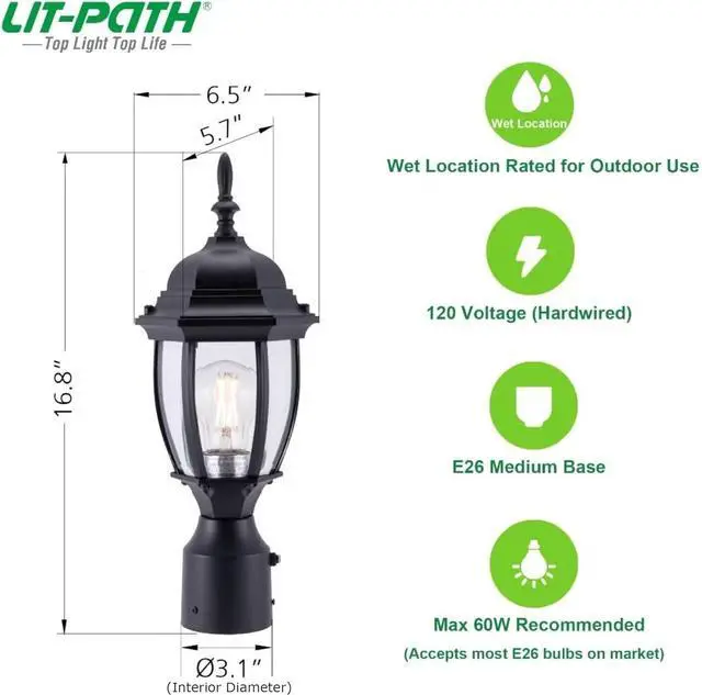 Alt view image 6 of 7 - LIT-PaTH Dusk to Dawn Outdoor Post Lighting Fixture Pole Lantern, E26 Medium Base Max 60W, Aluminum Housing Plus Glass, Bulb Not Included (Black, 1-Pack)