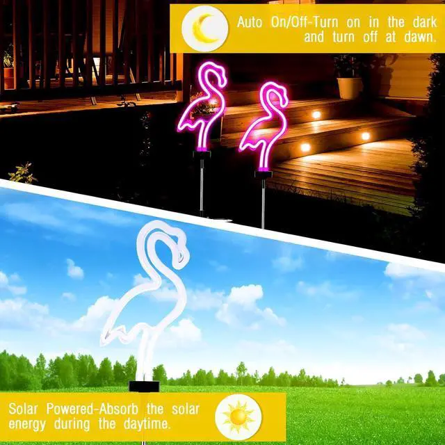 Alt view image 5 of 7 - Hortsun Flamingo Solar Lights Outdoor Neon Light Yard Pink Flamingo Waterproof Decorations for Garden Patio Yard Pathway Decoration(4 Pack)