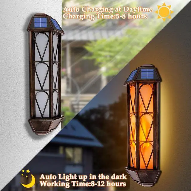 Alt view image 2 of 7 - Solar Flame Wall Sconce Lights Outdoor, 74 LED Flickering Flame Sconces, Solar Powered Auto On/Off, Waterproof Wall Lanterns for House Garage Doorway Garden Porch Patio Yard Decoration (2 Pack)