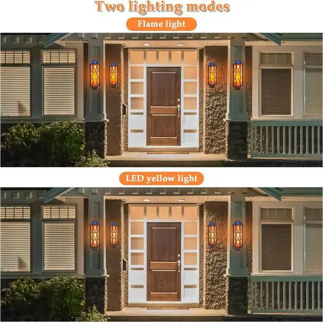 Alt view image 3 of 7 - Solar Flame Wall Sconce Lights Outdoor, 74 LED Flickering Flame Sconces, Solar Powered Auto On/Off, Waterproof Wall Lanterns for House Garage Doorway Garden Porch Patio Yard Decoration (2 Pack)
