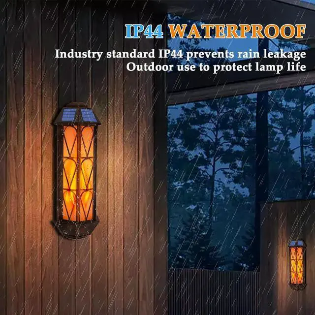 Alt view image 4 of 7 - Solar Flame Wall Sconce Lights Outdoor, 74 LED Flickering Flame Sconces, Solar Powered Auto On/Off, Waterproof Wall Lanterns for House Garage Doorway Garden Porch Patio Yard Decoration (2 Pack)
