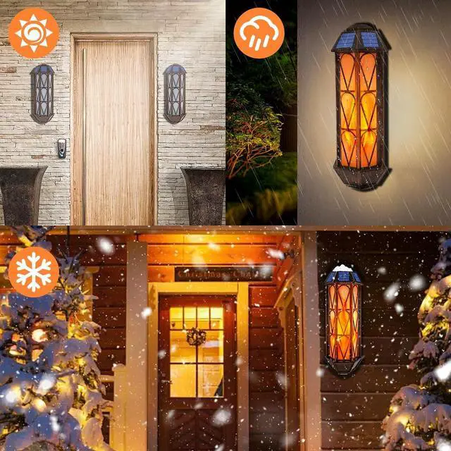 Alt view image 5 of 7 - Solar Flame Wall Sconce Lights Outdoor, 74 LED Flickering Flame Sconces, Solar Powered Auto On/Off, Waterproof Wall Lanterns for House Garage Doorway Garden Porch Patio Yard Decoration (2 Pack)