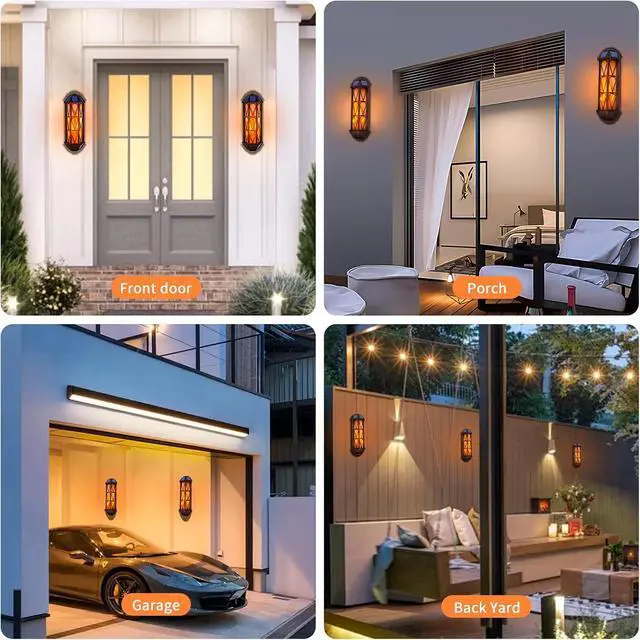 Alt view image 6 of 7 - Solar Flame Wall Sconce Lights Outdoor, 74 LED Flickering Flame Sconces, Solar Powered Auto On/Off, Waterproof Wall Lanterns for House Garage Doorway Garden Porch Patio Yard Decoration (2 Pack)