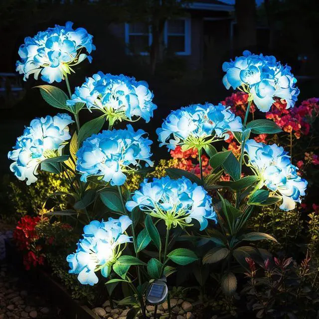 Main image of Garden Lights Solar Flower Light, LED Solar Powered Outdoor Light Decor for Path Yard Walkway Patio Balcony Lawn, Hydrangea Artificial Flower (Blue, 2)