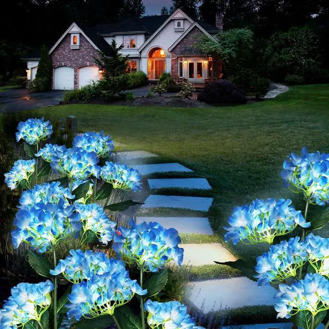 Alt view image 3 of 6 - Garden Lights Solar Flower Light, LED Solar Powered Outdoor Light Decor for Path Yard Walkway Patio Balcony Lawn, Hydrangea Artificial Flower (Blue, 2)