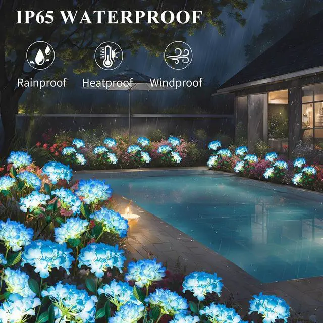 Alt view image 5 of 6 - Garden Lights Solar Flower Light, LED Solar Powered Outdoor Light Decor for Path Yard Walkway Patio Balcony Lawn, Hydrangea Artificial Flower (Blue, 2)