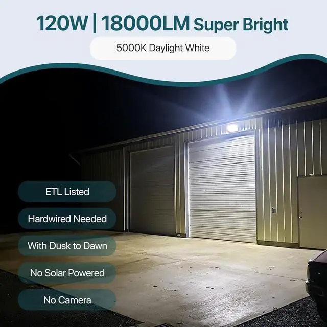 Alt view image 4 of 7 - LED Wall Pack Light: 120W 18000lm LED Security Flood Lighting with Dusk to Dawn Photocell - Glass Lens Outdoor LED Wall Lights 2Pakcs for Yard ETL Listed