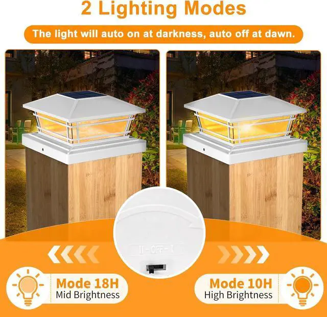 Alt view image 3 of 6 - Solar Post Cap Lights Outdoor 8Pack [LED Bulb, 2 Brightness Setting] Fence Post Solar Lights Waterproof for 4x4 5x5 or 5.5x5.5 Wood Posts, Warm Bright Bulb Lighting for Garden Deck Yard White