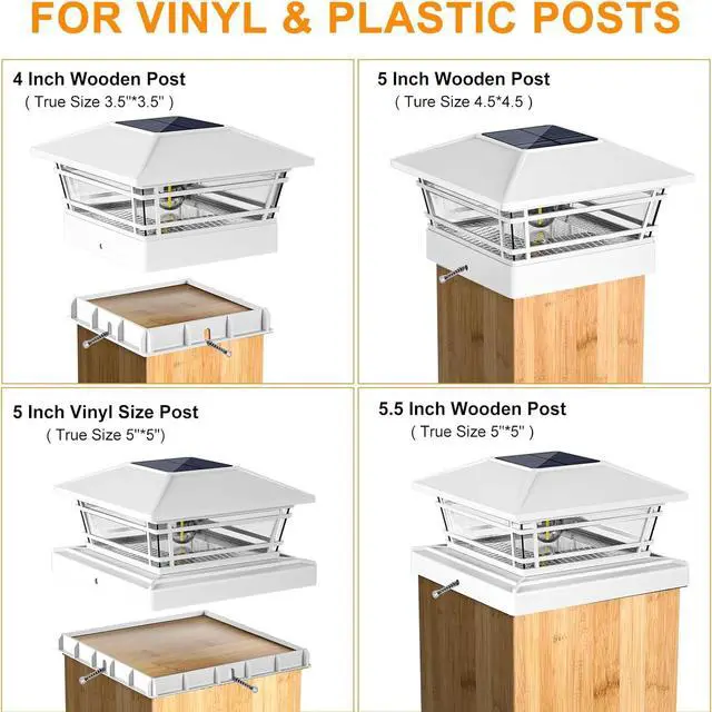 Alt view image 4 of 6 - Solar Post Cap Lights Outdoor 8Pack [LED Bulb, 2 Brightness Setting] Fence Post Solar Lights Waterproof for 4x4 5x5 or 5.5x5.5 Wood Posts, Warm Bright Bulb Lighting for Garden Deck Yard White