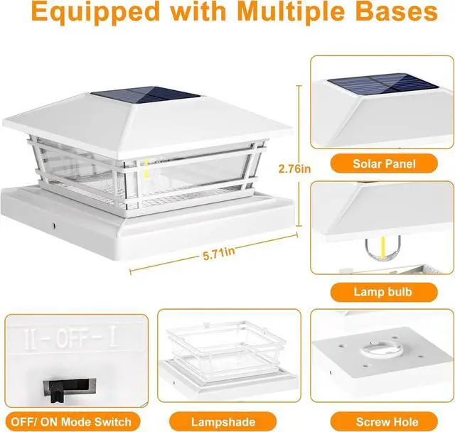 Alt view image 6 of 6 - Solar Post Cap Lights Outdoor 8Pack [LED Bulb, 2 Brightness Setting] Fence Post Solar Lights Waterproof for 4x4 5x5 or 5.5x5.5 Wood Posts, Warm Bright Bulb Lighting for Garden Deck Yard White