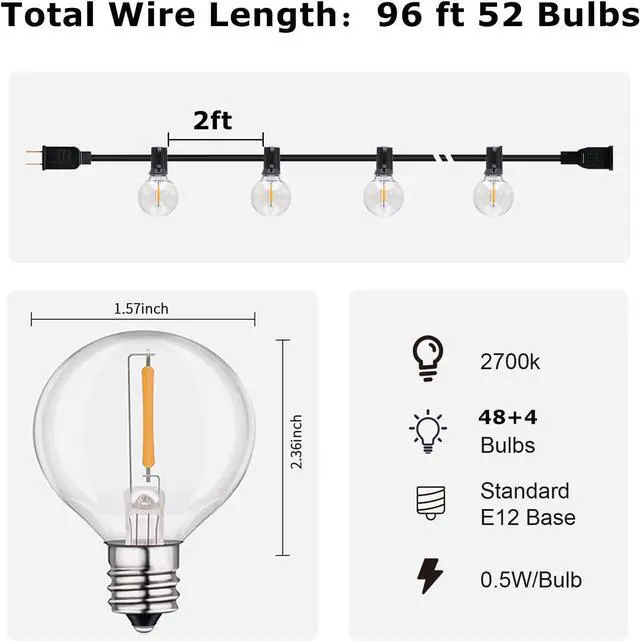 Alt view image 3 of 7 - HISTAR 96FT LED Outdoor String Lights With Remote - Waterproof G40 Globe Lights, 52 Dimmable Shatterproof Bulbs for Patio, Backyard, Balcony, Bistro, Cafe Decorative Lighting