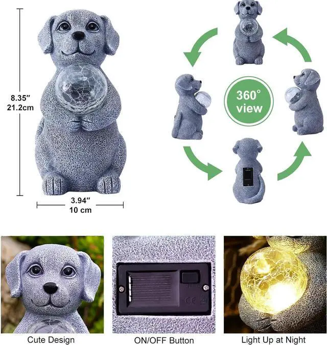 Alt view image 3 of 7 - Solar Dog Garden Statues - 8.4 "Dog Decor with Gazing Ball Solar LED Lights, Unique Gifts for Mom Grandma Birthdays, Outdoor Decor for Outside Lawn Porch Patio (Gray)