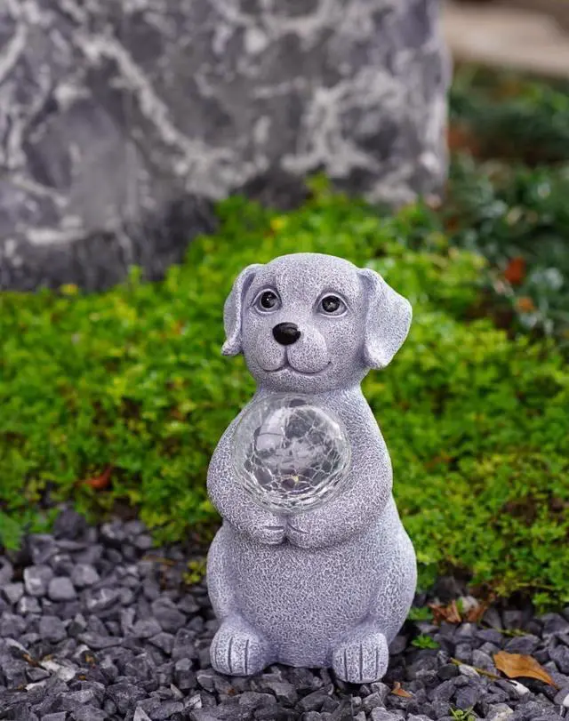 Alt view image 7 of 7 - Solar Dog Garden Statues - 8.4 "Dog Decor with Gazing Ball Solar LED Lights, Unique Gifts for Mom Grandma Birthdays, Outdoor Decor for Outside Lawn Porch Patio (Gray)