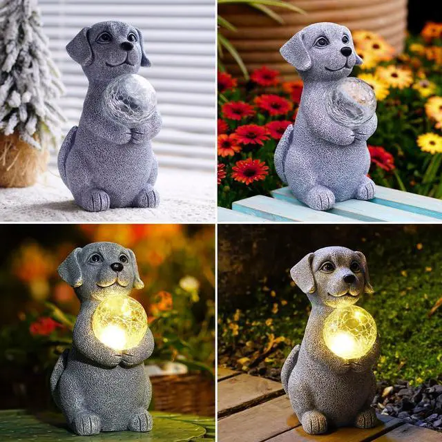 Alt view image 6 of 7 - Solar Dog Garden Statues - 8.4 "Dog Decor with Gazing Ball Solar LED Lights, Unique Gifts for Mom Grandma Birthdays, Outdoor Decor for Outside Lawn Porch Patio (Gray)