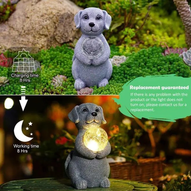 Alt view image 4 of 7 - Solar Dog Garden Statues - 8.4 "Dog Decor with Gazing Ball Solar LED Lights, Unique Gifts for Mom Grandma Birthdays, Outdoor Decor for Outside Lawn Porch Patio (Gray)