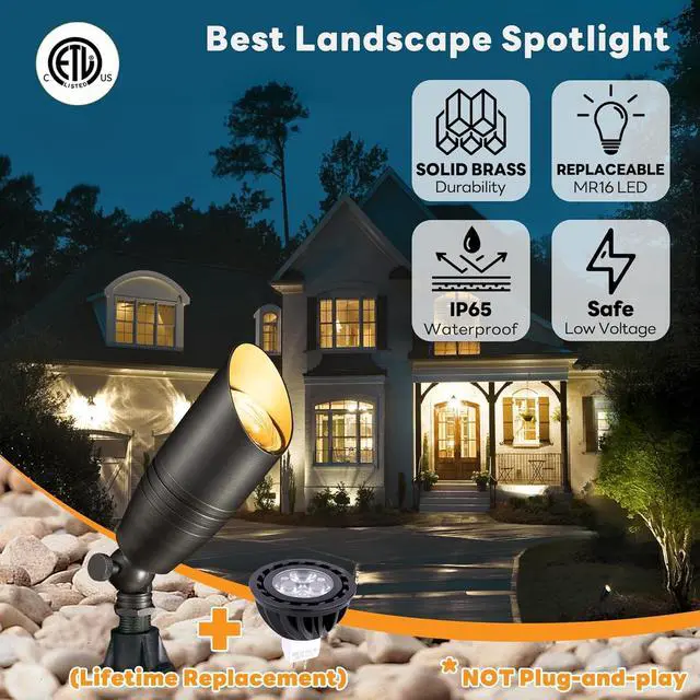 Alt view image 2 of 7 - Landscape Spotlights Low Voltage - Brass 12V Outdoor Uplight LED, Wired Spot Lights IP65 Waterproof, Antique Bronze for Exterior Garden Yard Tree House with 5W 2700K Warm White MR16 Bulb