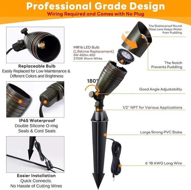 Alt view image 6 of 7 - Landscape Spotlights Low Voltage - Brass 12V Outdoor Uplight LED, Wired Spot Lights IP65 Waterproof, Antique Bronze for Exterior Garden Yard Tree House with 5W 2700K Warm White MR16 Bulb