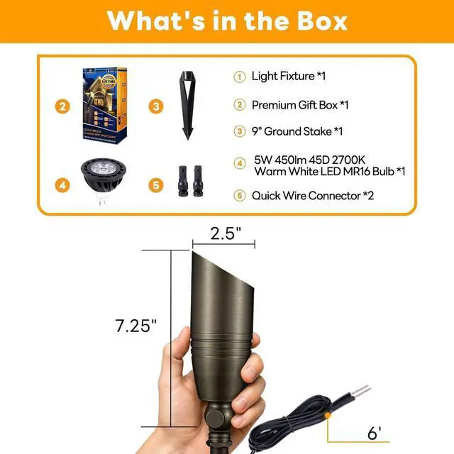 Alt view image 7 of 7 - Landscape Spotlights Low Voltage - Brass 12V Outdoor Uplight LED, Wired Spot Lights IP65 Waterproof, Antique Bronze for Exterior Garden Yard Tree House with 5W 2700K Warm White MR16 Bulb