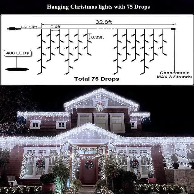 Alt view image 4 of 7 - Led Christmas Lights Outdoor Christmas Decorations Hanging Light 400LED 8 Modes 75 Drops, Waterproof Outdoor Indoor Fairy Christmas Lights for Party, Holiday, Wedding Decorations (CoolWhite)