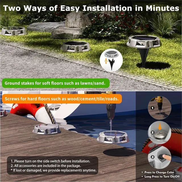 Alt view image 6 of 7 - 12Pack Aluminum Alloy Solar Driveway Lights, IP68 Solar Deck Light Marine Dock Lights Outdoor Waterproof, Multi-color LED Driveway Markers for Walkway, Path Decor [12Modes - Strobe/RGB/Fix-color]