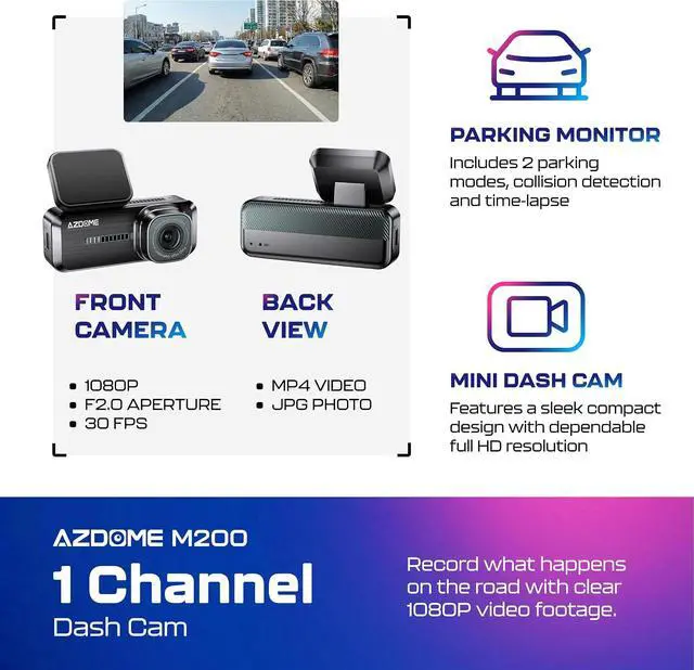 Alt view image 2 of 7 - AZDOME M200 Mini Dash Cam WiFi Dashcam - Single Channel Dash Cam for Broad Road Coverage - Built-in WiFi - Full HD Resolution - Parking Monitor - App Connectivity - Collision Detection - Night Vision