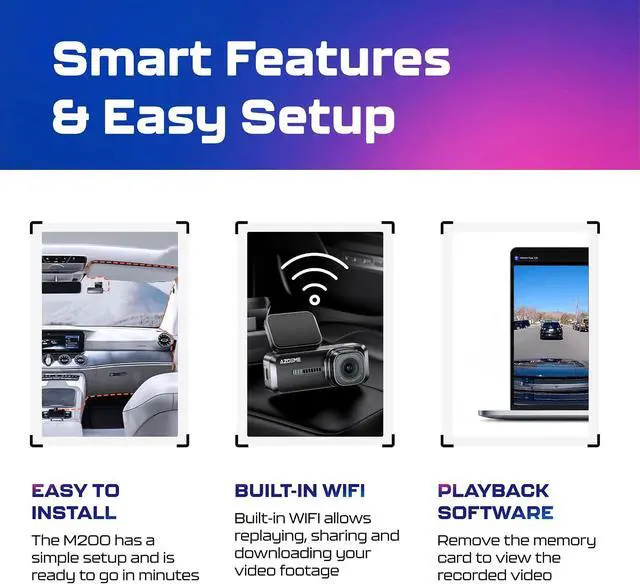 Alt view image 7 of 7 - AZDOME M200 Mini Dash Cam WiFi Dashcam - Single Channel Dash Cam for Broad Road Coverage - Built-in WiFi - Full HD Resolution - Parking Monitor - App Connectivity - Collision Detection - Night Vision
