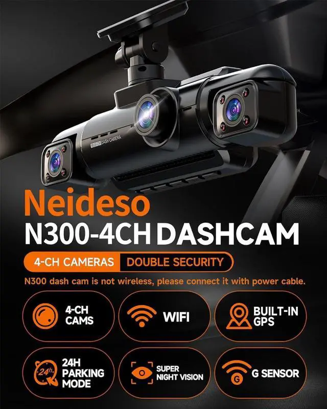 Alt view image 3 of 7 - Neideso 360° Dash Cam Front and Rear Inside, 4 Channel FHD 4 * 1080P, Wi-Fi GPS Voice Control Car Camera, Front 2K+1080P*2 Dash Camera for Cars, with 64GB SD Card, Night Vision, 24H Parking Mode(N300)