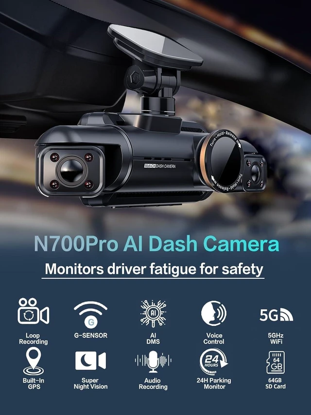 Alt view image 7 of 7 - 4K 2160P Front & Rear 360° View Dash Cam, 4-Channel AI Fatigue Monitor, 5G WiFi GPS, 8 IR Night Vision, 24H Parking Mode, Free 64G Card, N700Pro